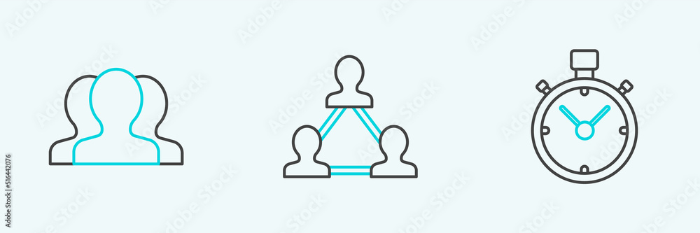 Poster set line stopwatch, users group and project team base icon. vector
