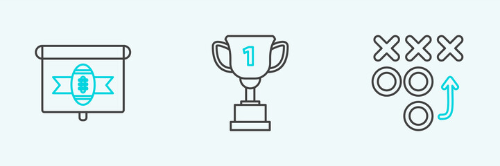 Set line Planning strategy concept, American football tv program and Award cup icon. Vector