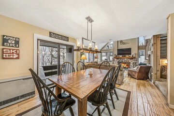 Luxury ski lodge interior with hardwood floor and stone fireplace