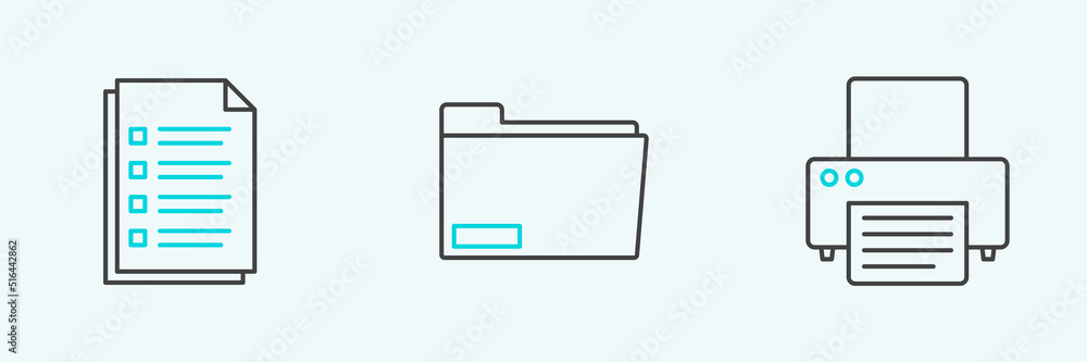 Poster set line printer, file document and document folder icon. vector