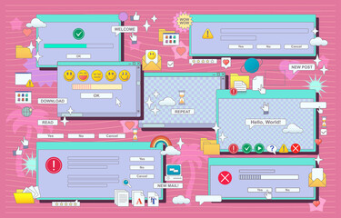 Vaporwave 90s retro browser computer windows. Vaporware UX, UI. Vector. © veye