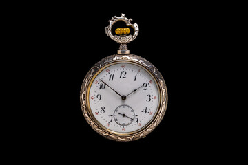 Silver mechanical antique pocket watch on black isolated background. Retro pocketwatch with second,...