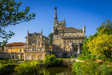 Obraz premium Bussaco palace located in the portuguese thermal region of Luso, worldwide known by it´s mineral waters. Palace in the woods in the protected forest of Bussaco
