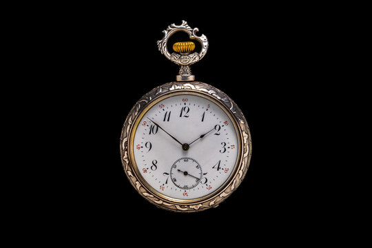 Silver Mechanical Antique Pocket Watch On Black Isolated Background. Retro Pocketwatch With Second, Minute And Hour Hand. Old Round Clock With Dial For Gentleman. Vintage Timepiece.