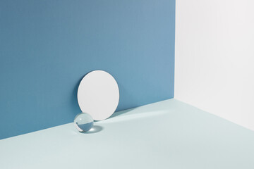 Creative minimalistic podium background various materials, glass mirror, blue hard shadow background
