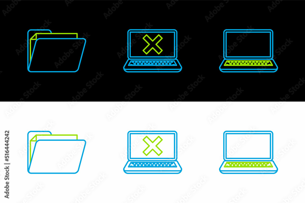 Poster set line laptop, document folder and and cross mark on screen icon. vector