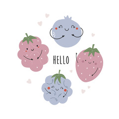 Vector illustration with funny characters strawberry, blueberry, raspberry, blackberry.