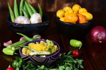 delicious chicken, typical Brazilian food, rice with chicken seasonings, salad and melted cheese au gratin on blurred background