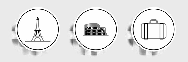 Set line Suitcase for travel, Eiffel tower and Coliseum in Rome, Italy icon. Vector