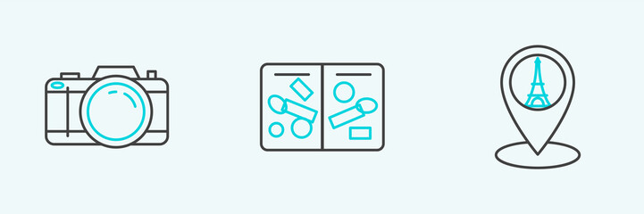 Set line Map pointer with Eiffel tower, Photo camera and Passport pages visa stamps icon. Vector