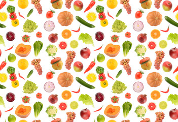 Seamless pattern of vegetables, fruits and berries isolated on white