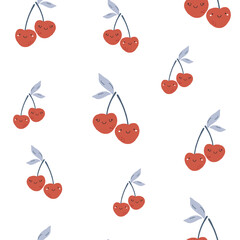 Seamless pattern with cute sweet cherry characters