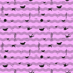 Seamless pattern on musical waves birds like notes. Background for design of music advertising, books, magazines.