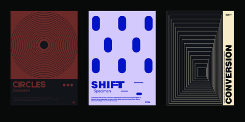 Meta modern aesthetics of swiss design poster collection layout. Brutalist-inspired vector graphics template set featuring bold typography and abstract geometric shapes.