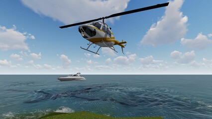 3d rendering of a helicopter with a boat near the beach