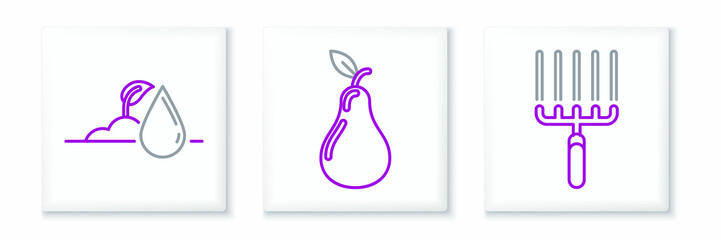 Set line Garden rake in work, Watering sprout and Pear icon. Vector