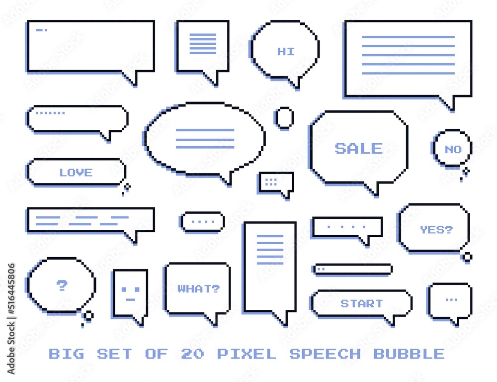 Poster big set of pixel speech bubbles. icons or stickers with thought clouds for social networks, chats an