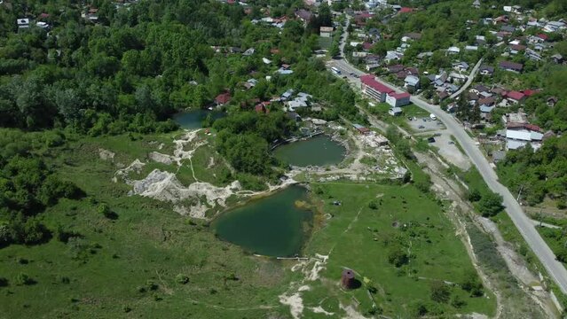 Aerial view over Telega saltwater lakes in the Prahova region, Romania
