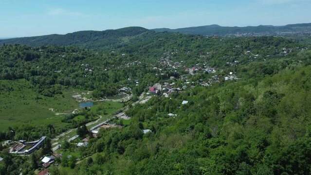 Aerial view over Telega saltwater lakes in the Prahova region, Romania