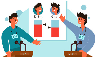 Politician vote lawmaking and ballot candidate campaign. Democracy debate government and elect vector illustration. Official politics and voting public. Senator congress discussion on parliament