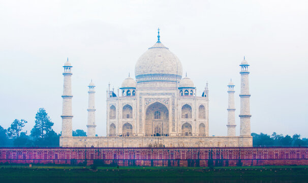Amazing   morning view at Taj Mahal  from Mahtab Bagh garden  . A little fog in Agra. February