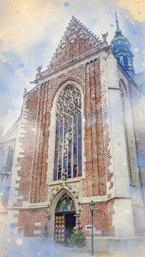 Cathedral in Brno watercolor pattern colorful illustration