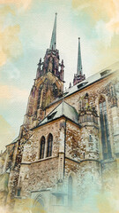 Watercolor pattern of Brno Cathedral of Saint Peter and Pavel colorful illustration