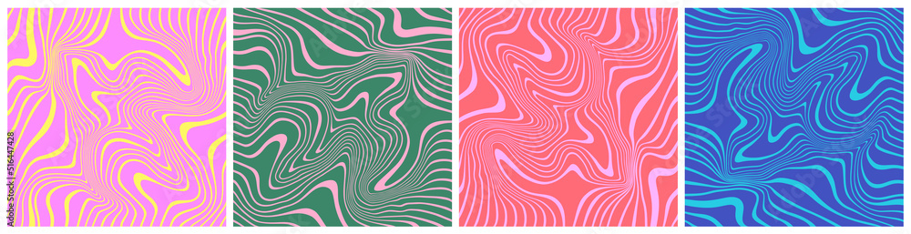 Poster Set of Wavy Seamless Trippy Patterns in Psychedelic Colors. Abstract Vector Swirl Backgrounds. 70s Aesthetic Textures with Flowing Waves
