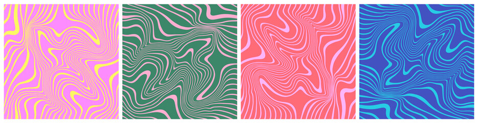 Set of Wavy Seamless Trippy Patterns in Psychedelic Colors. Abstract Vector Swirl Backgrounds. 70s Aesthetic Textures with Flowing Waves