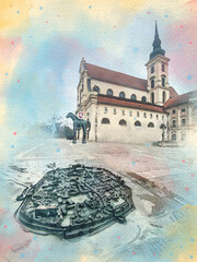 Old town square with monument and miniature of the city watercolor pattern colorful illustration