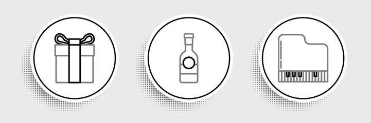 Set line Grand piano, Gift box and Champagne bottle icon. Vector
