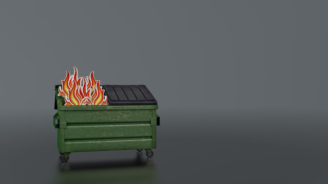Green dumpster fire illustration isolated on gray background in 8k. 3D illustration render.