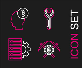 Set line Crossed pickaxe, Server and gear, Cryptocurrency key and Bitcoin think icon. Vector