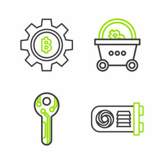 Set line Mining farm, Cryptocurrency key, Shopping basket with bitcoin and Bitcoin icon. Vector
