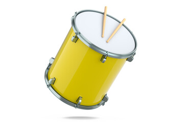 Realistic drum and wooden drum sticks on white. 3d render of musical instrument