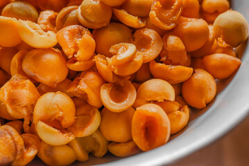 Farmer's hands hold pile of freshly picked yellow and orange apricots.Bright,juicy fruit halves,slices scattered in metal bowl. Workpiece,preparation to homemade jam.Summer harvest,canning concept.
