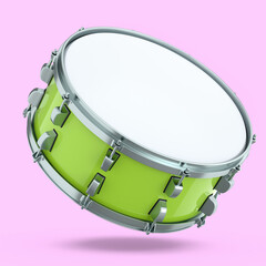 Realistic drum on pink background. 3d render concept of musical instrument