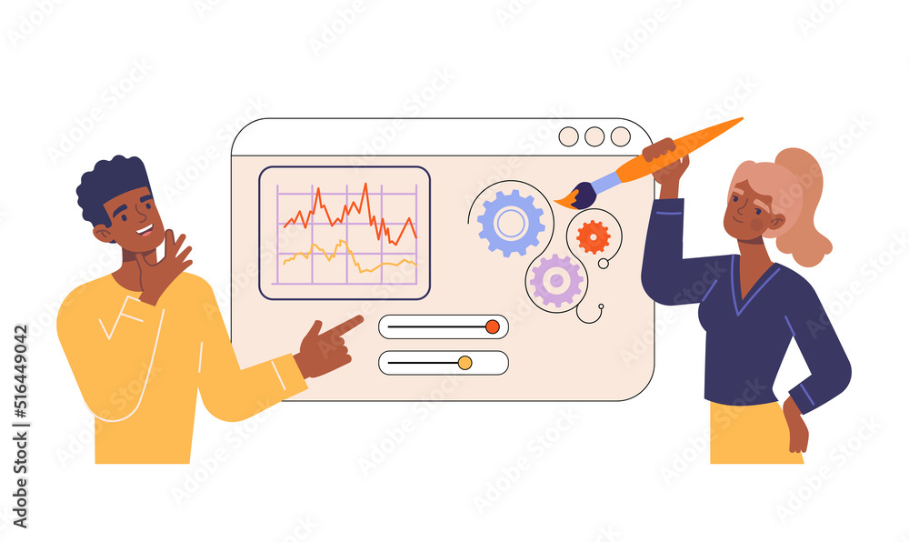 Poster creation ui design concept. young male and female programmers make user interface for website or lay