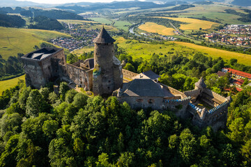 Stara Lubovna Castle in Slovakia, aerial drone view at summer