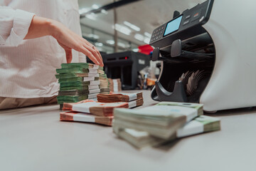 Bank employees using money counting machine while sorting and counting paper banknotes inside bank vault. Large amounts of money in the bank