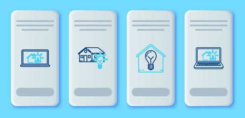 Set line Smart house and light bulb, Laptop with smart alarm and icon. Vector