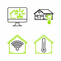 Set line House temperature, Smart home with wi-fi, house and light bulb and Computer monitor smart alarm icon. Vector