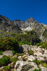 Fototapeta na wymiar Mountains Peaks in Tatra National Park at summer in Poland. Alpine Landscape and blue sky