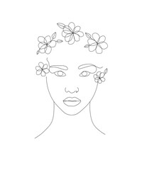 Girl with flowers, portrait, one line drawing vector illustration