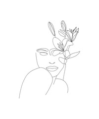Beautiful girl face with flowers. Attractive female beauty concept of young woman portrait. Continuous drawing in one line. Black and white vector illustration