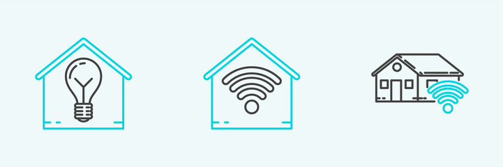 Set line Smart home with wi-fi, house and light bulb and icon. Vector