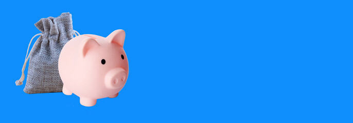 a small canvas bag and piggy bank  on a blue background