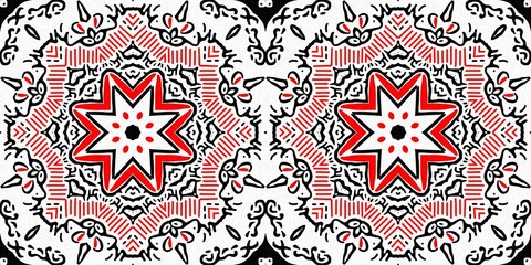 Red black seamless arabesque bandana border pattern. Modern masculine fashion neckerchief geometric scarf edging trim. Abstract endless graphic tape banner.