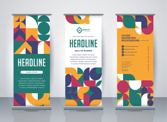 Retro Business Roll Up. Standee Design. Banner Template. Presentation and Brochure. Geometric x-banner and flag-banner advertising. Vector illustration.