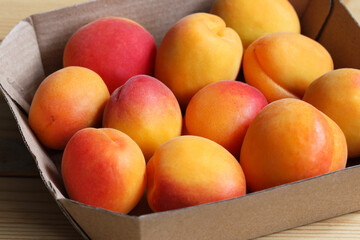 apricots in paper packaging, fruits.